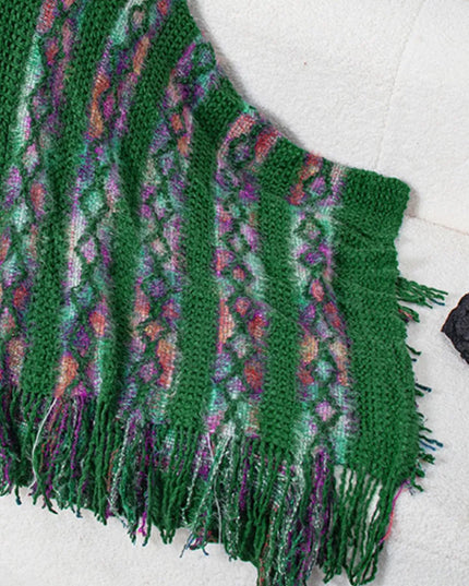 Fringe Contrast Hooded Poncho