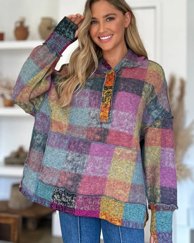 Double Take Full Size Plaid Dropped Shoulder Fleece Hoodie