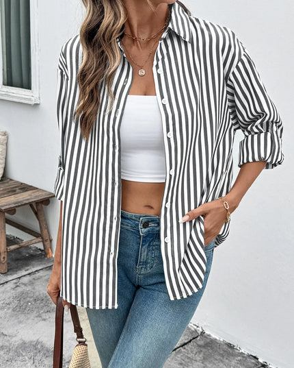 Striped Oversized Button-Up Shirt Black