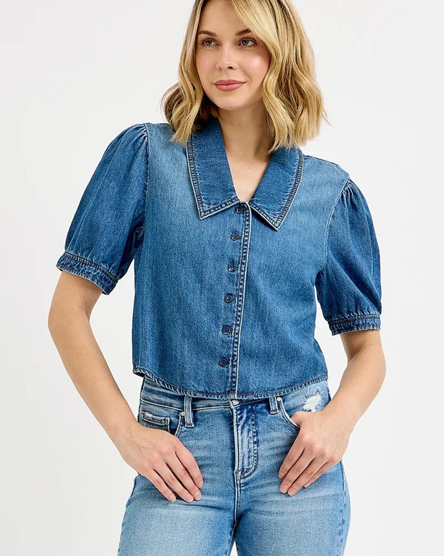 RISEN Button Down Puff Sleeve Crop Denim Shirt