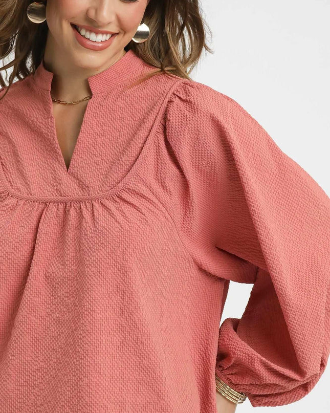 Umgee Textured Notched Blouse with Balloon Sleeves