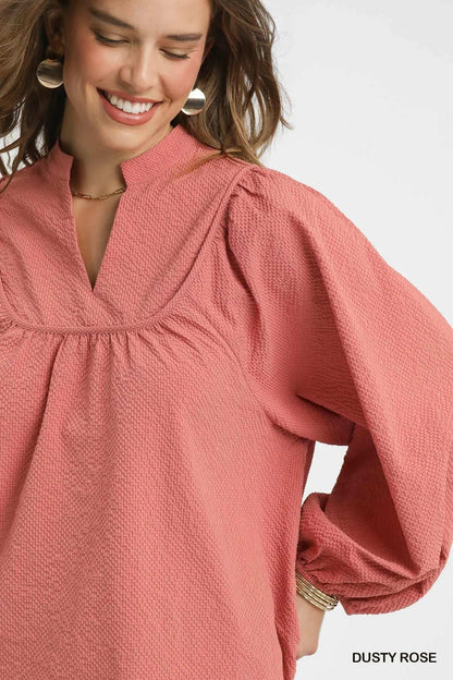 Umgee Textured Notched Blouse with Balloon Sleeves