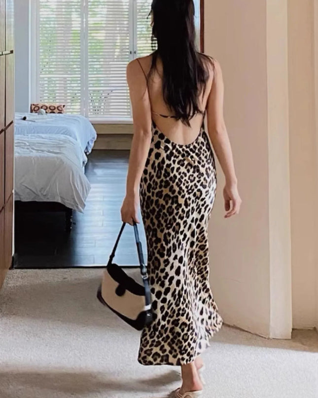 Leopard Print Satin Maxi Dress