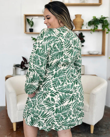 Double Take Full Size Printed Ruched Balloon Sleeve Dress