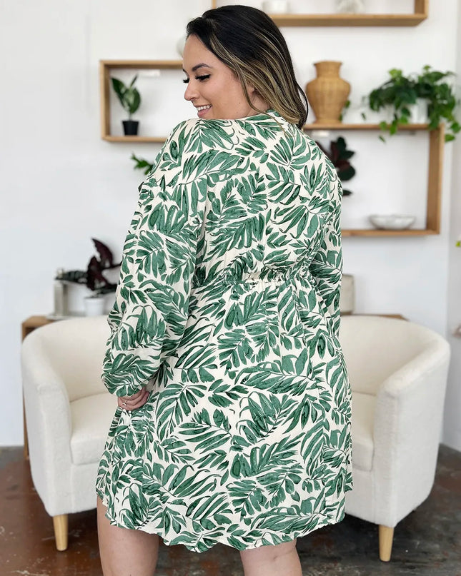 Double Take Full Size Printed Ruched Balloon Sleeve Dress