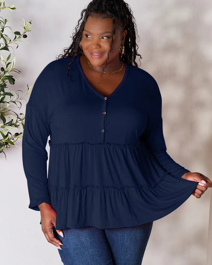 Double Take Half Button Long Sleeve Ruffle Hem Blouse Dark Blue