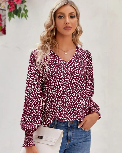 Printed V-Neck Lantern Sleeve Blouse Burgundy