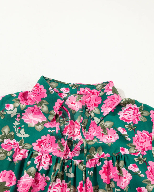 Floral Printed Tied Collar Puff Sleeve Blouse