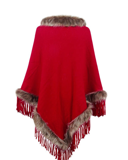 Faux Fur Trim Fringed Poncho