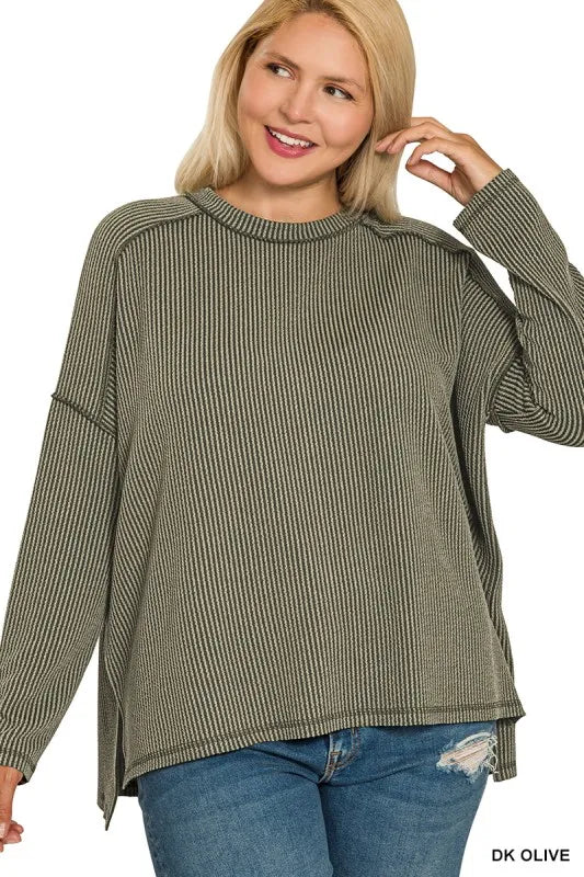 Zenana Full Size Exposed Seam Long Sleeve Corded Rib Knit Top Plus Size