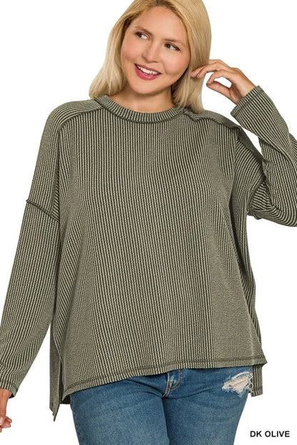 Zenana Full Size Exposed Seam Long Sleeve Corded Rib Knit Top Plus Size