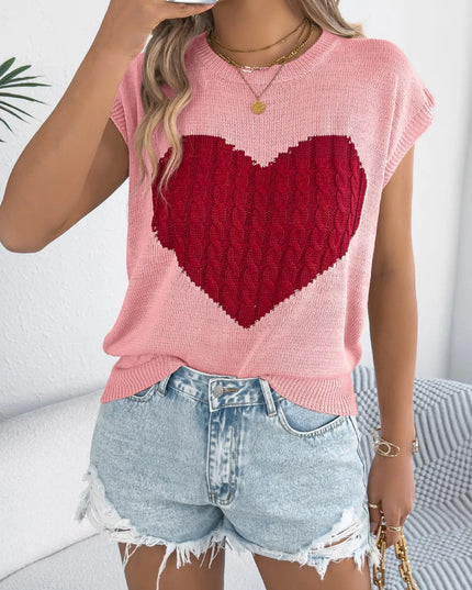 Cable Knit Heart Round Neck Cap Sleeve Knit Top