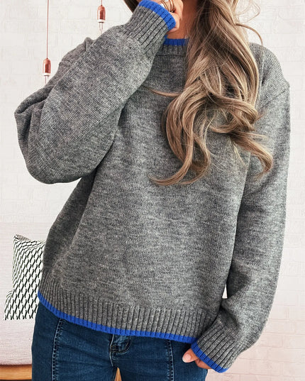 Ribbed Contrast Trim Long Sleeve Sweater