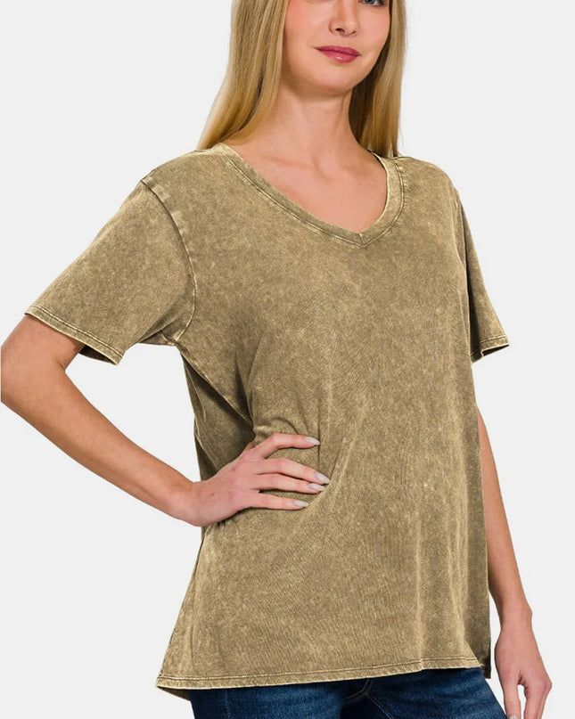 Zenana Full Size Washed Short Sleeve V-Neck T-Shirt
