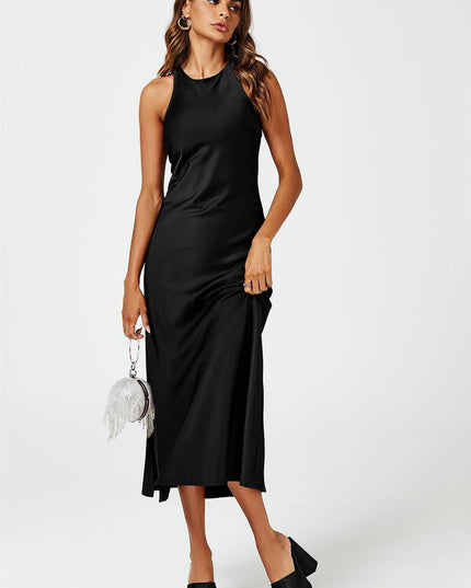 Slim-Fit Satin Midi Dress in Black