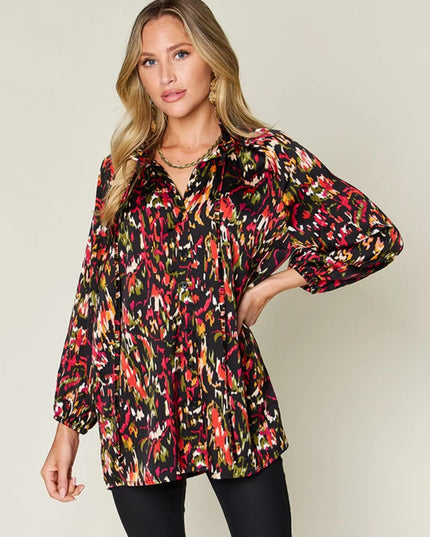 Double Take Full Size Printed Button Up Long Sleeve Shirt