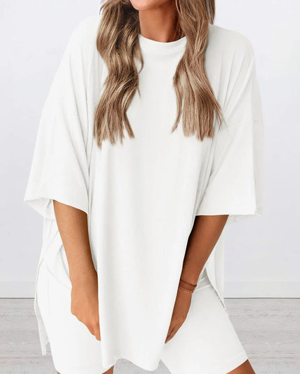 Full Size Oversized Slit Round Neck Top and Shorts Lounge Set Plus Size 