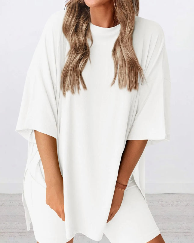 Full Size Oversized Slit Round Neck Top and Shorts Lounge Set Plus Size 