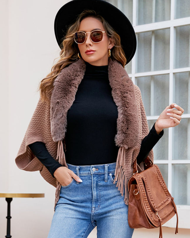 Open Front Fringe Hem Poncho Khaki One Size