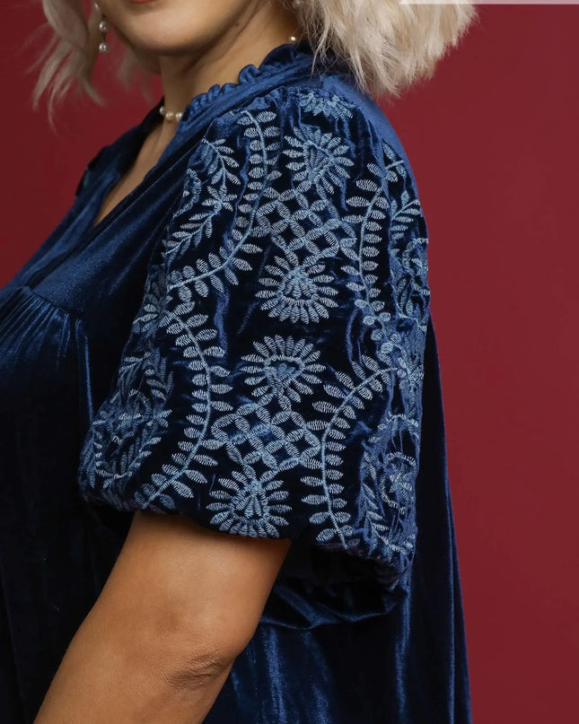 Umgee Full Size Velvet Embroidered Sleeve Blouse Plus Size