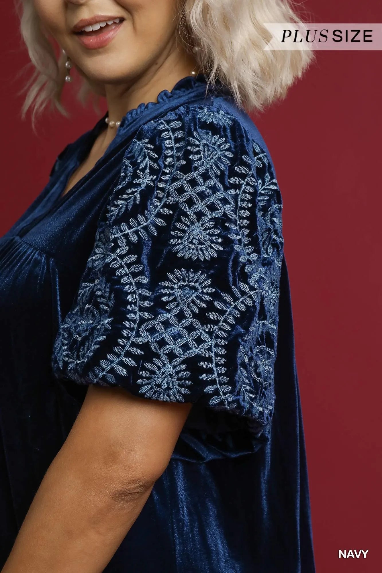 Umgee Full Size Velvet Embroidered Sleeve Blouse Plus Size