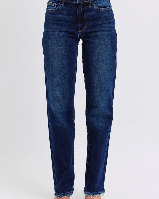 Judy Blue Full Size Raw Hem Straight Leg Jeans Dark
