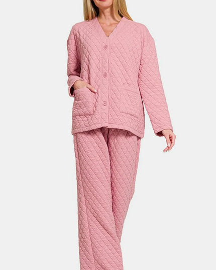 Zenana Quilted Button Up Long Sleeve Top and Pants Lounge Set Dusty Pink