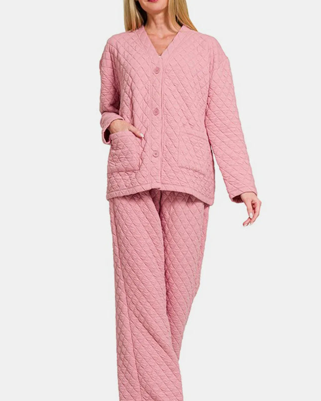 Zenana Quilted Button Up Long Sleeve Top and Pants Lounge Set Dusty Pink