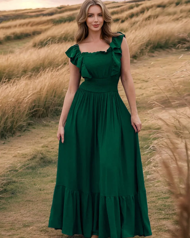 Ruffled Smocked Square Neck Maxi Dress