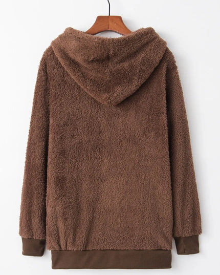 Full Size Quarter-Zip Drawstring Teddy Hoodie