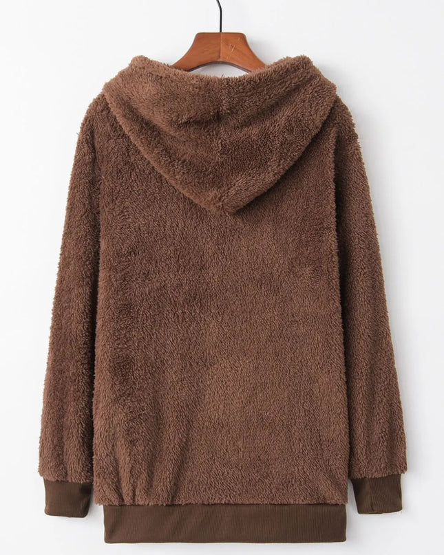 Full Size Quarter-Zip Drawstring Teddy Hoodie