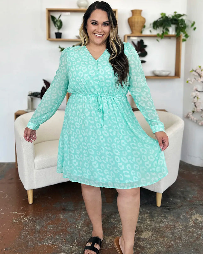 Double Take Full Size Printed Ruched V-Neck Long Sleeve Dress