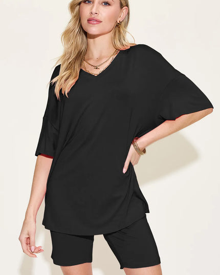 Basic Bae Bamboo Full Size V-Neck Drop Shoulder T-Shirt and Shorts Set Black