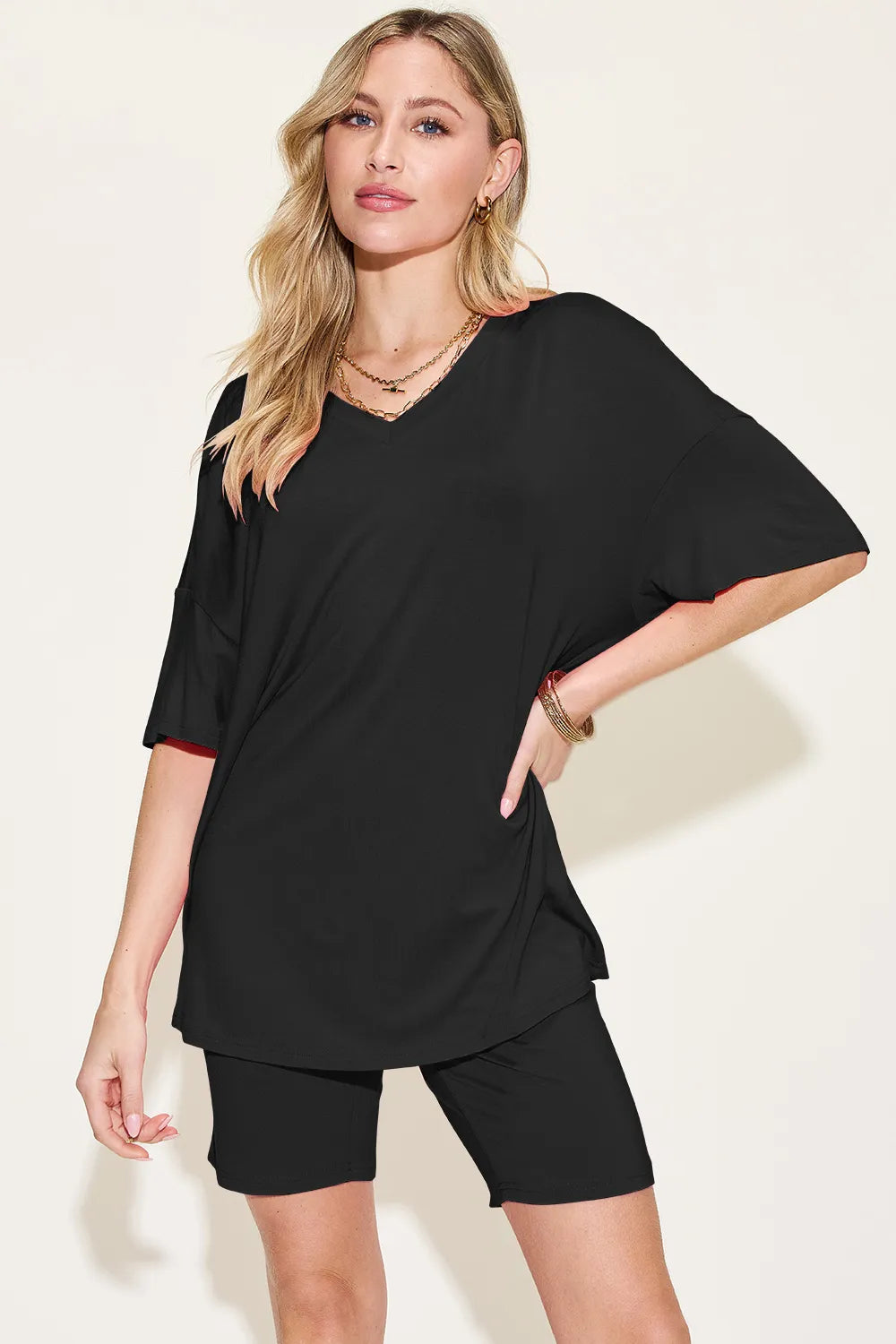 Basic Bae Bamboo Full Size V-Neck Drop Shoulder T-Shirt and Shorts Set Black