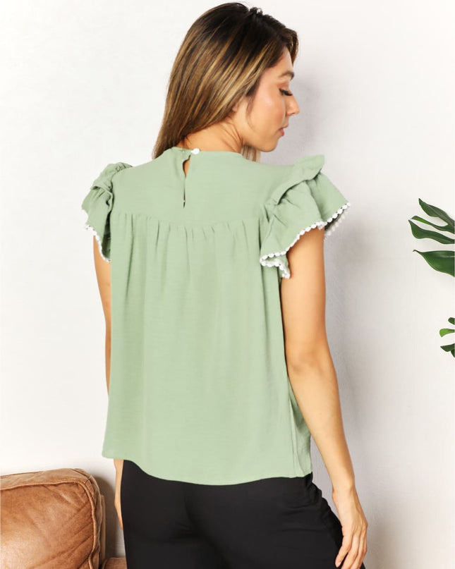 Perfee Pleated Detail Flutter Sleeve Blouse