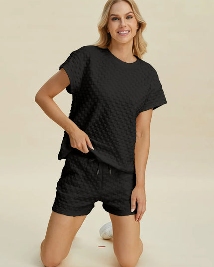 Double Take Full Size Texture T-Shirt and Shorts Set