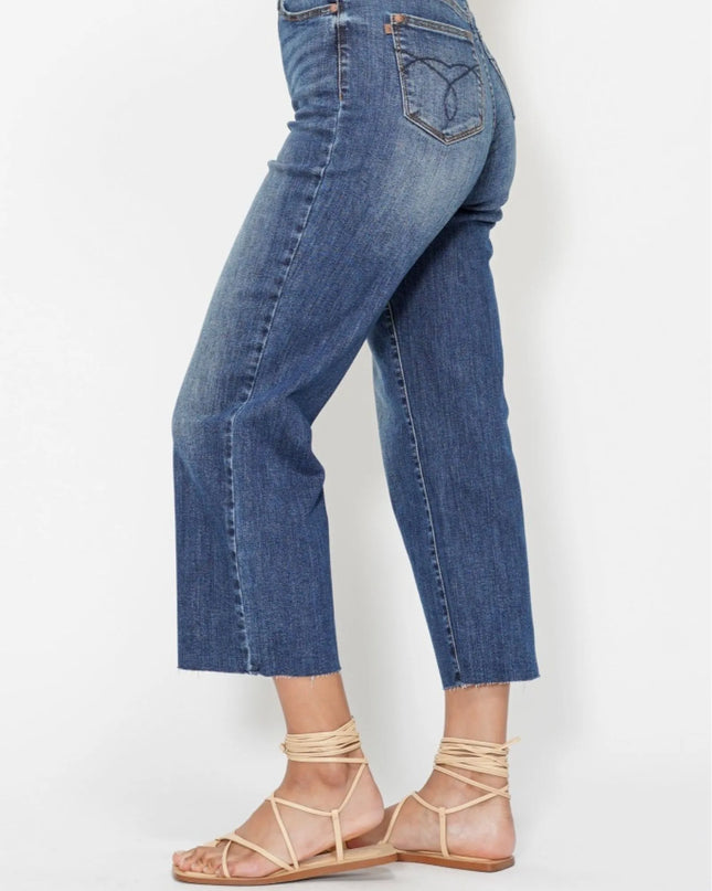Judy Blue High Waist Back Pocket Embroidery Crop Wide Jeans