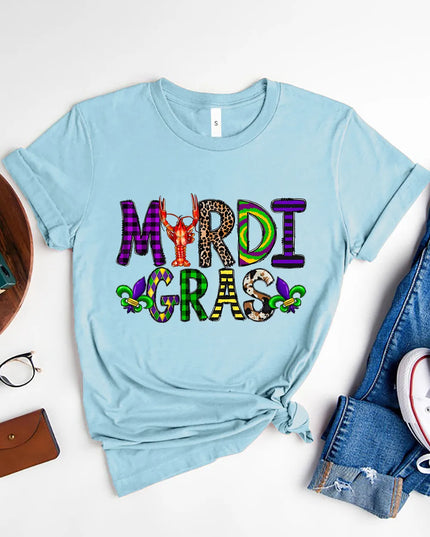 MARDI GRAS Round Neck Short Sleeve T-Shirt Light Blue