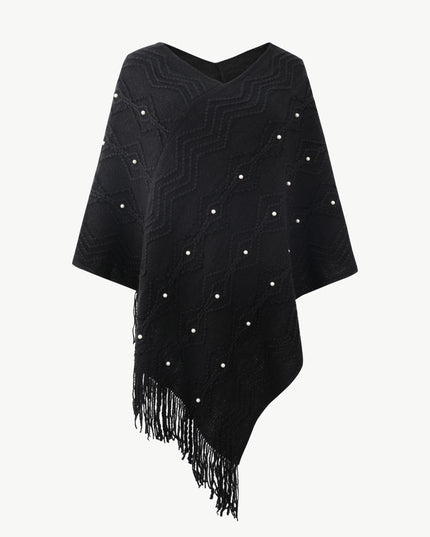Pearl Trim V-Neck Fringe Hem Poncho Black One Size