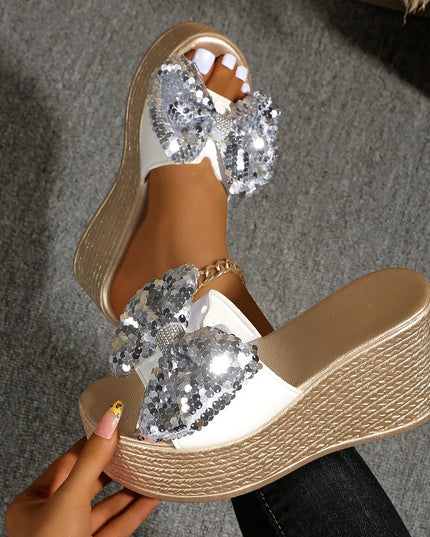Sequin Open Toe Platform Sandals White