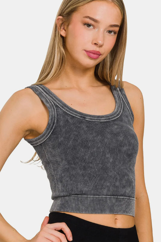 Zenana Washed Scoop Neck Wide Strap Tank ASHBLACK