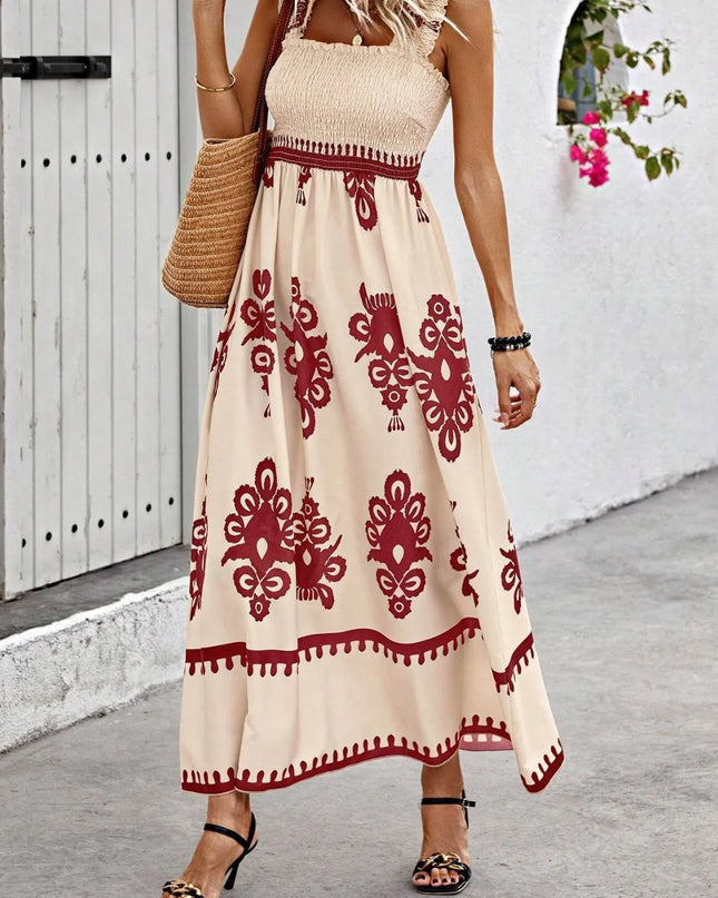 Smocked Printed Wide Strap Maxi Dress 