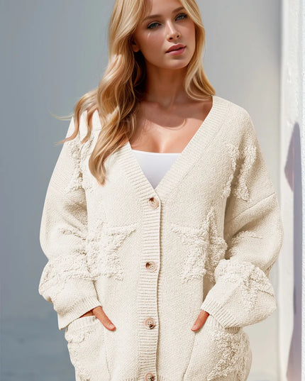 Double Take Full Size Button Up Star Pattern Cardigan Beige