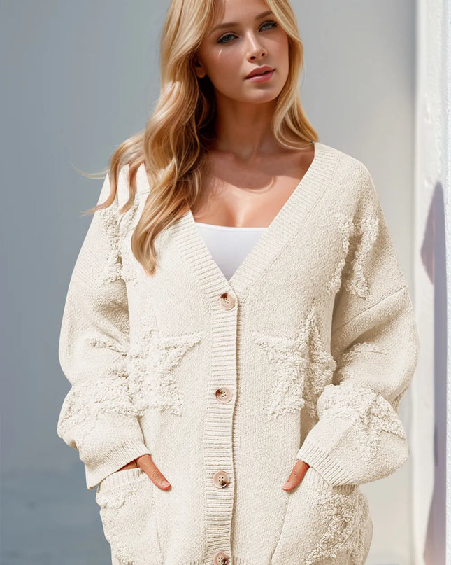 Double Take Full Size Button Up Star Pattern Cardigan Beige