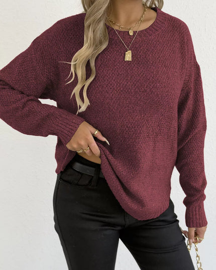 Textured Knit Relaxed Fit Round Neck Sweater Burgundy
