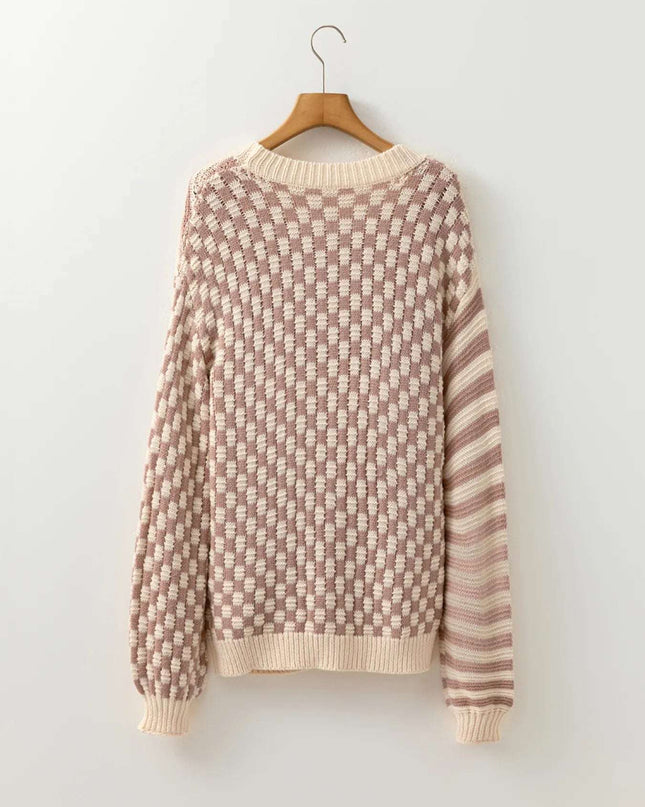 Stripe Checkerboard Drop Shoulder Balloon Sleeve Sweater