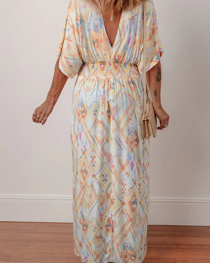 Printed Half Sleeve Shirred High Waist Maxi Dress