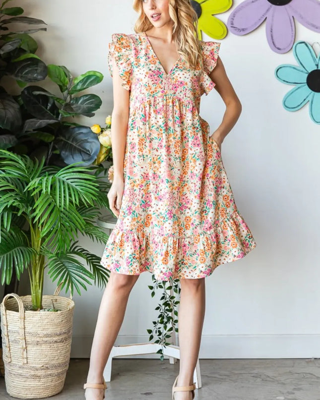 Heimish Full Size Floral Ruffled V-Neck Dress