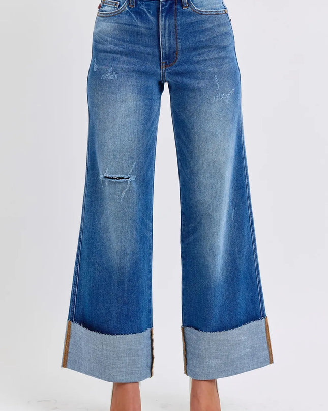 Judy Blue Full Size Distressed High Waist Wide Leg Jeans Medium