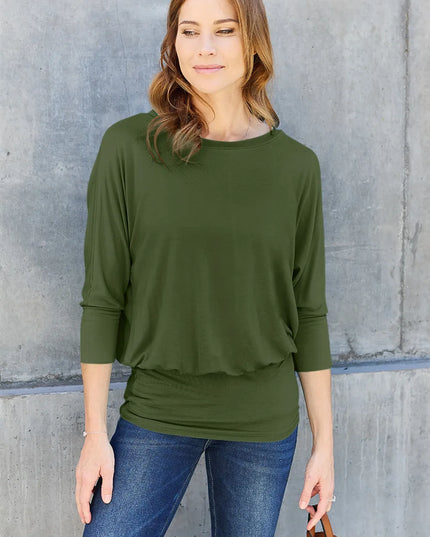 Basic Bae Full Size Round Neck Batwing Sleeve Top Army Green